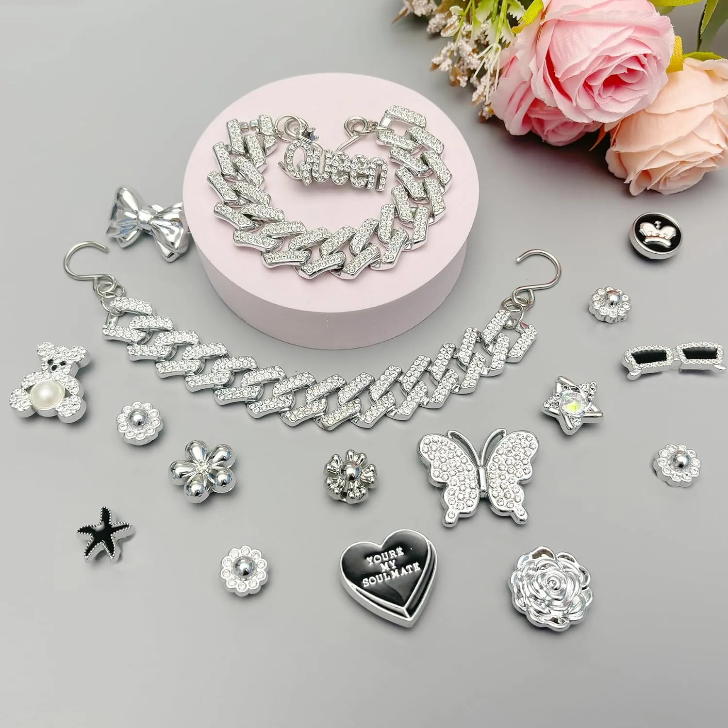 18Pcs Flower Shoe Chain Charms for Women, Bling Shoe Charms for Girls Clog Sandals, Girly Shoe Chains, DIY Shoe Decoration Accessories for Party Favor
