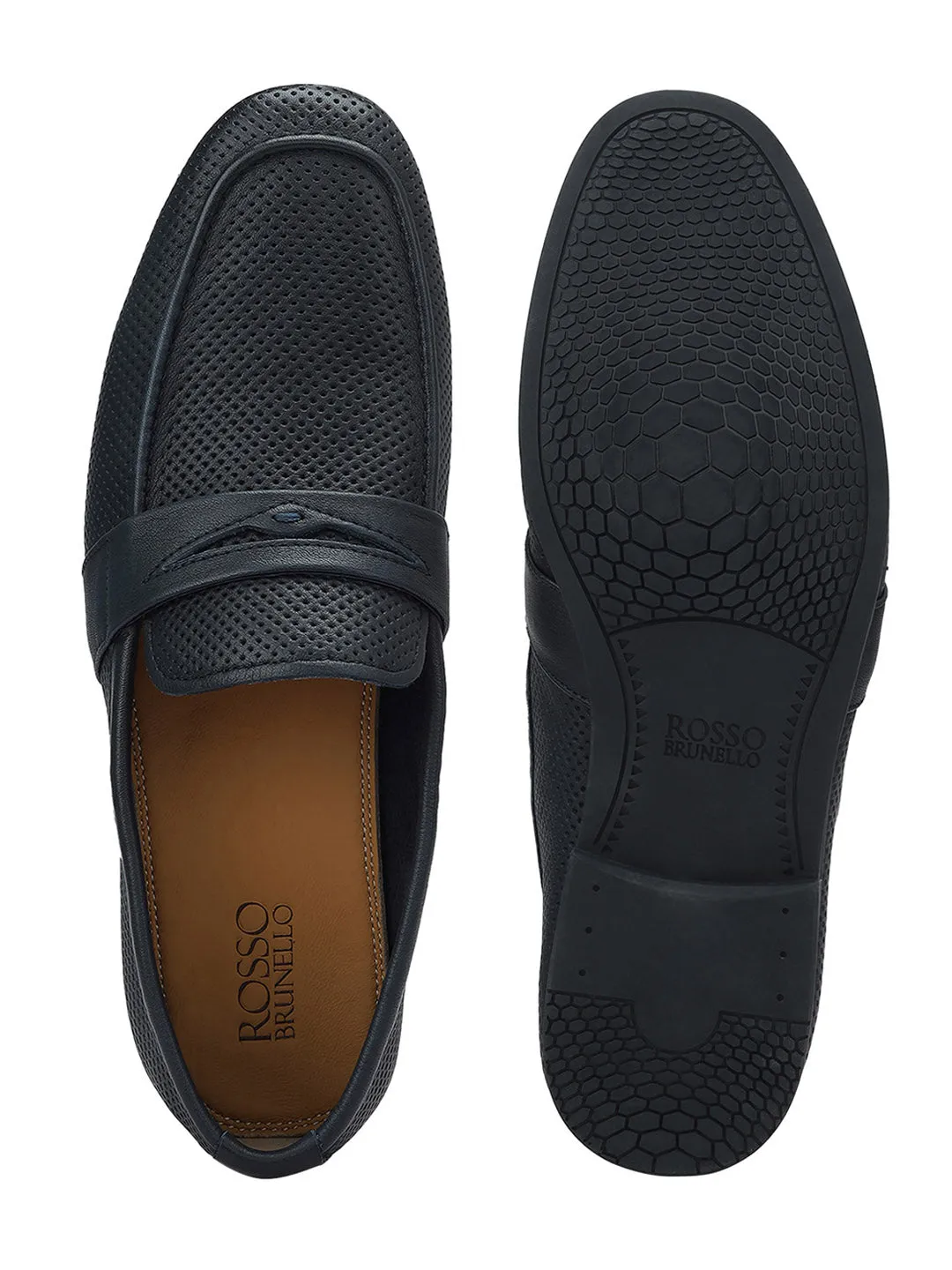Blue Perforated Leather Loafers