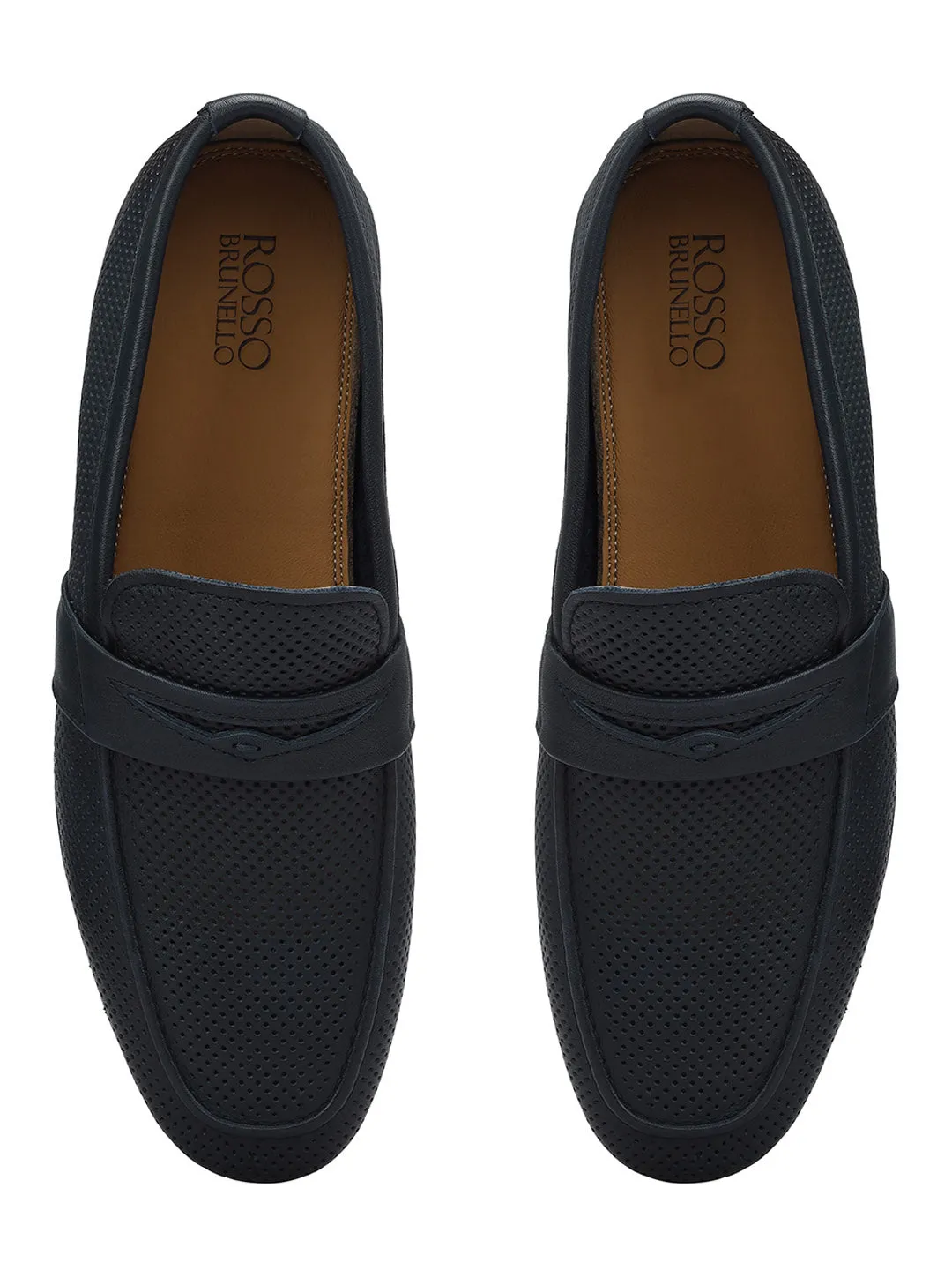 Blue Perforated Leather Loafers