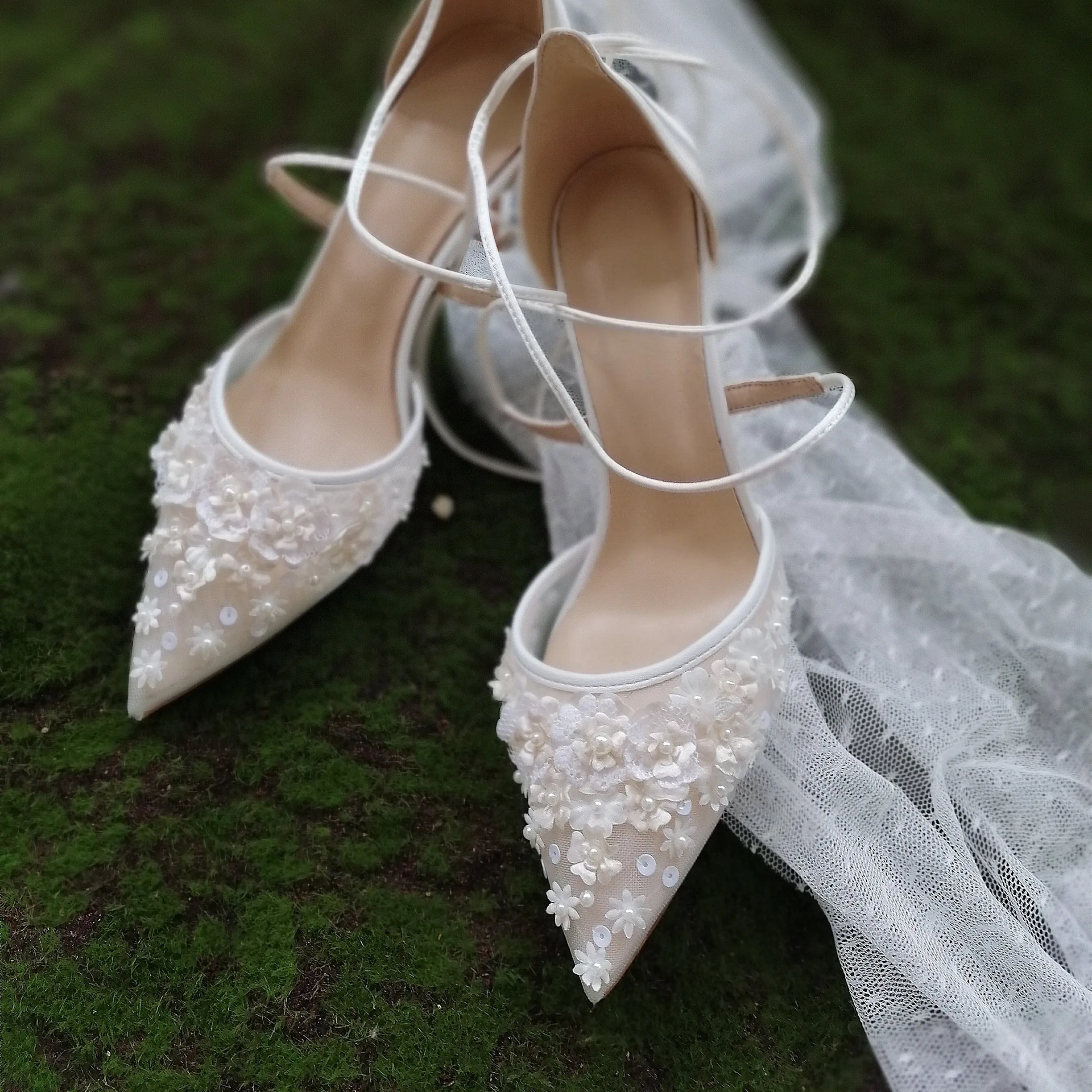 Bride Shoes French Embroidery High Heels Wedding Shoes