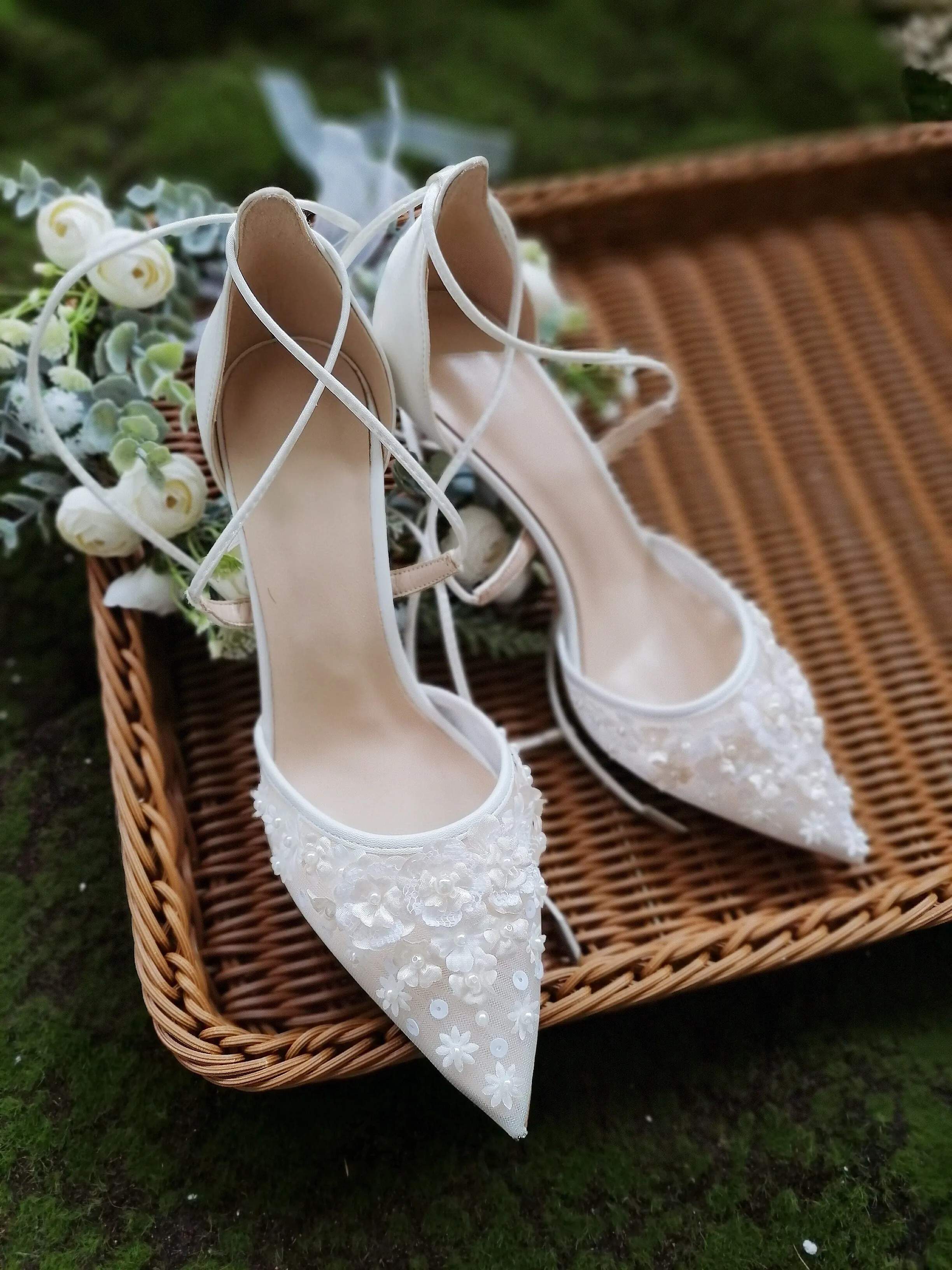 Bride Shoes French Embroidery High Heels Wedding Shoes