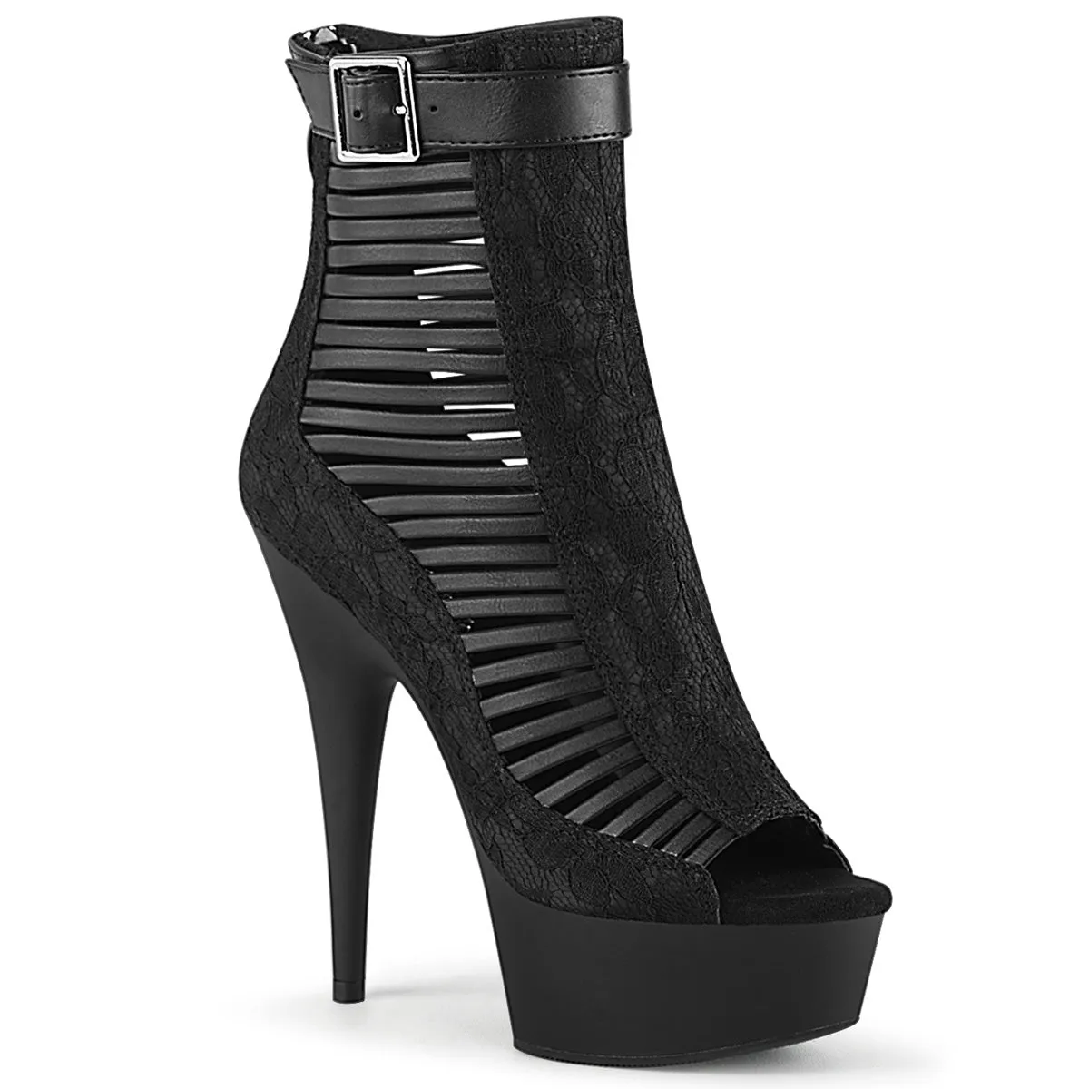 Delight 600-27 Black Matte Lace Overlay Ankle Boots - 6" High Heels - Direct