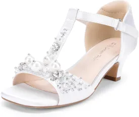 DREAM PAIRS Girls Sandals Ankle Strap T-Strap Low Heel Pearl Bow Flower Pump Dress Wedding Party Shoes for Little Kid/Big Kid