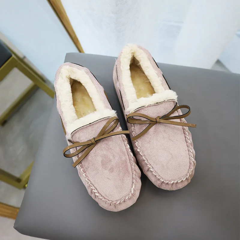 Fashion Large Size Fleece Bow Soft Sole Loafers
