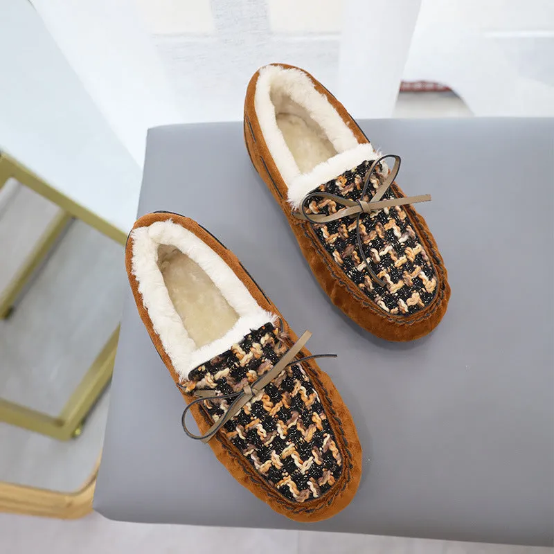Fashion Large Size Fleece Bow Soft Sole Loafers