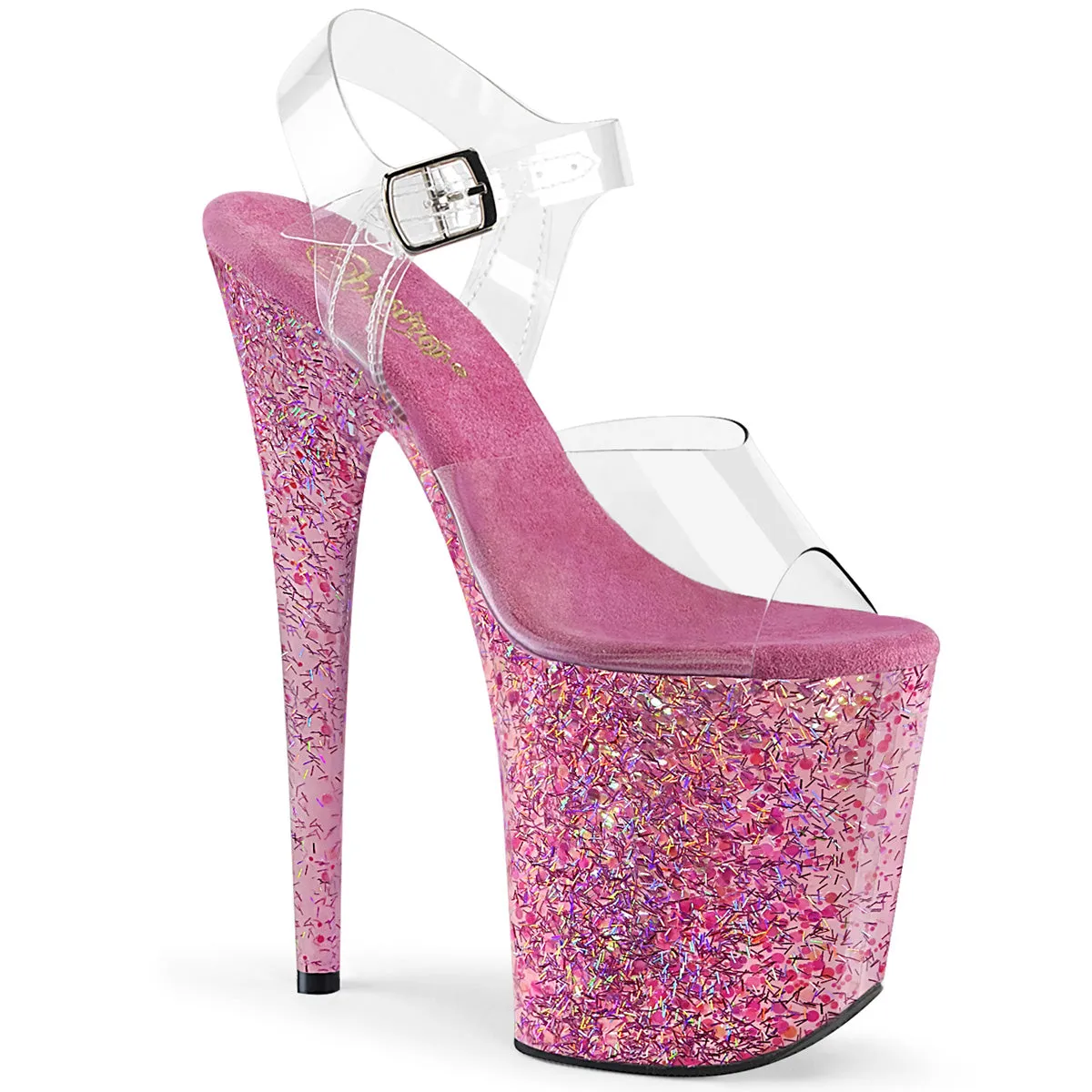 Flamingo-808CF Clear/Pink Confetti, 8" Heel