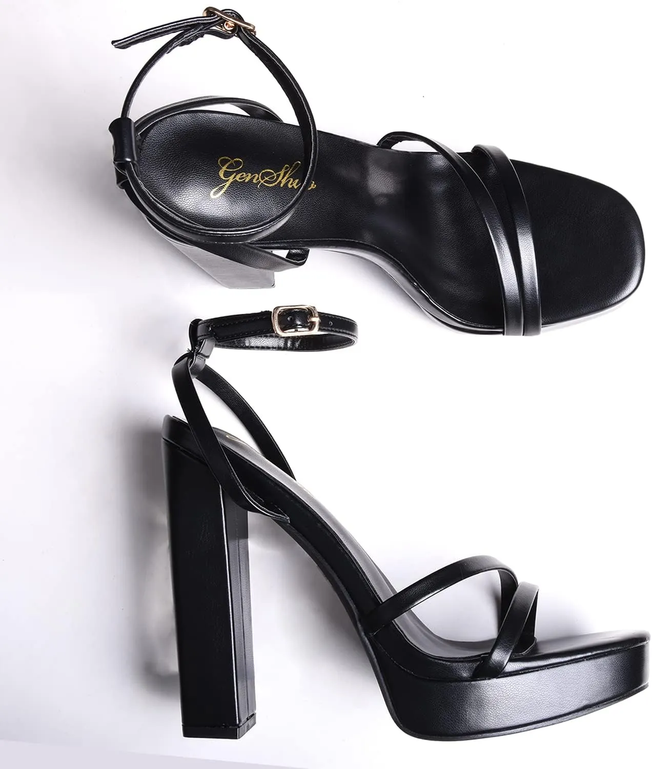 GENSHUO Women's Platform Chunky High Heels Square Toe Ankle Strap Heel Sandals Strappy Wedding Party Dress shoes