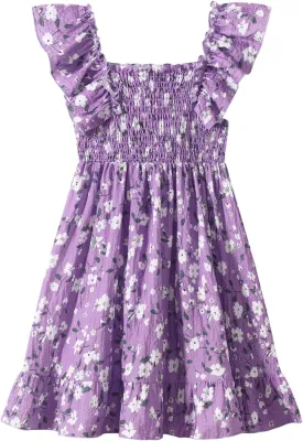 Girls Summer Dress Floral Ruffle Sleeve Swing Flowy Dresses A-line Sundress for Girls Casual Beach Wedding Dress