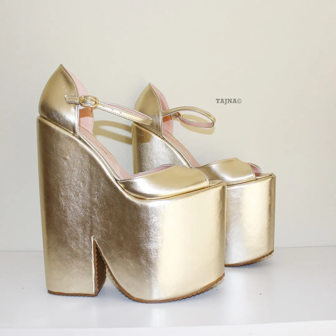 Gold Peep Toe Ankle Strap Platform Wedges