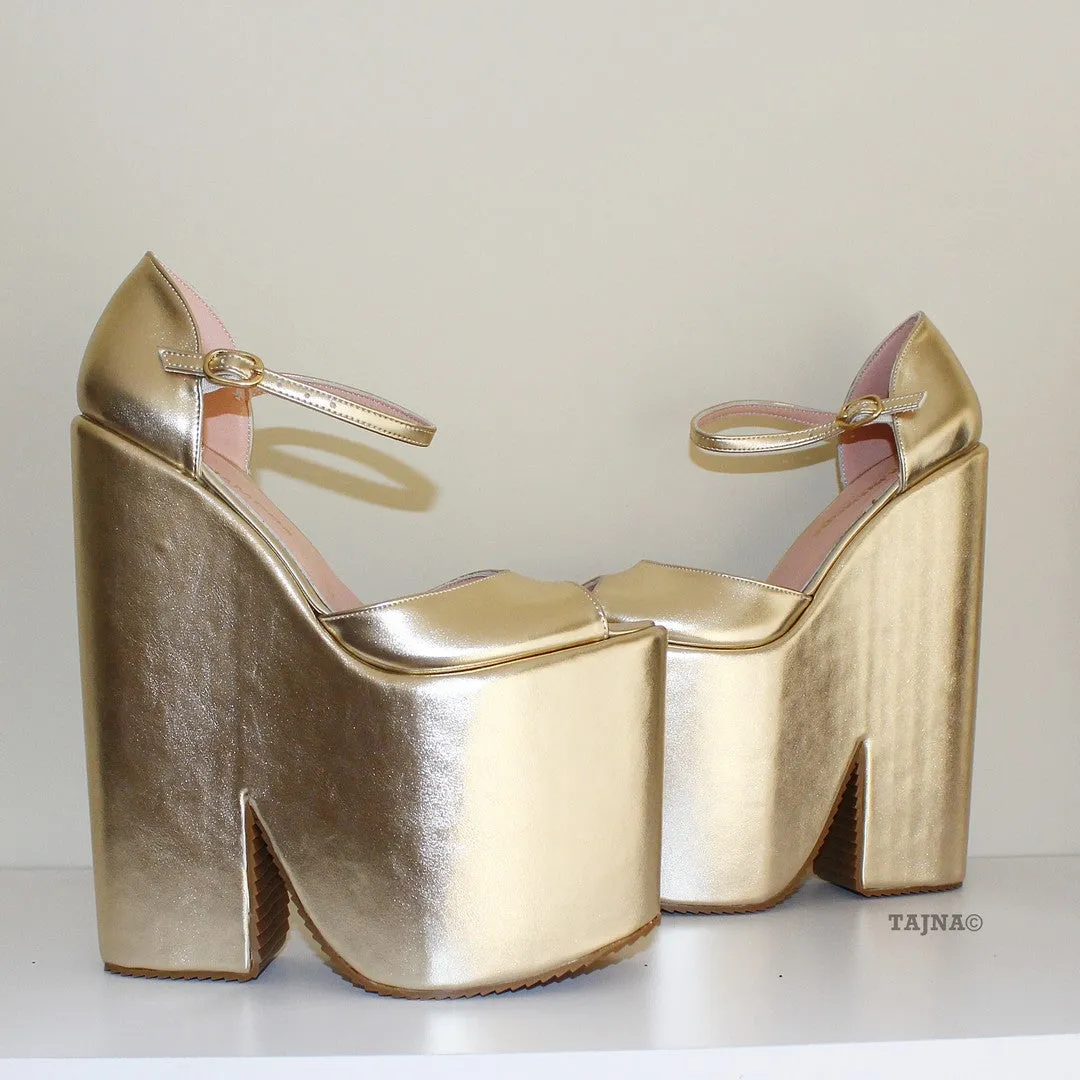Gold Peep Toe Ankle Strap Platform Wedges