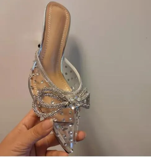 Luxury Crystal Transparent PVC Women High Heel Slippers Bow Tie High heels Mules Slides Elegant Ladies Party Wedding Shoes
