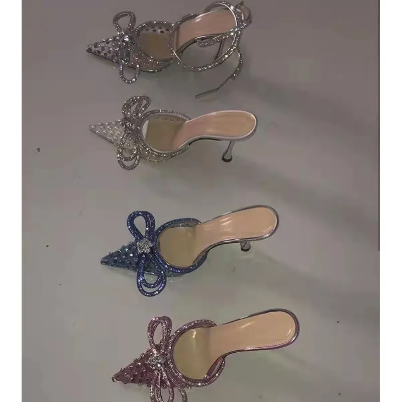 Luxury Crystal Transparent PVC Women High Heel Slippers Bow Tie High heels Mules Slides Elegant Ladies Party Wedding Shoes