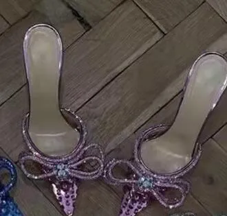 Luxury Crystal Transparent PVC Women High Heel Slippers Bow Tie High heels Mules Slides Elegant Ladies Party Wedding Shoes