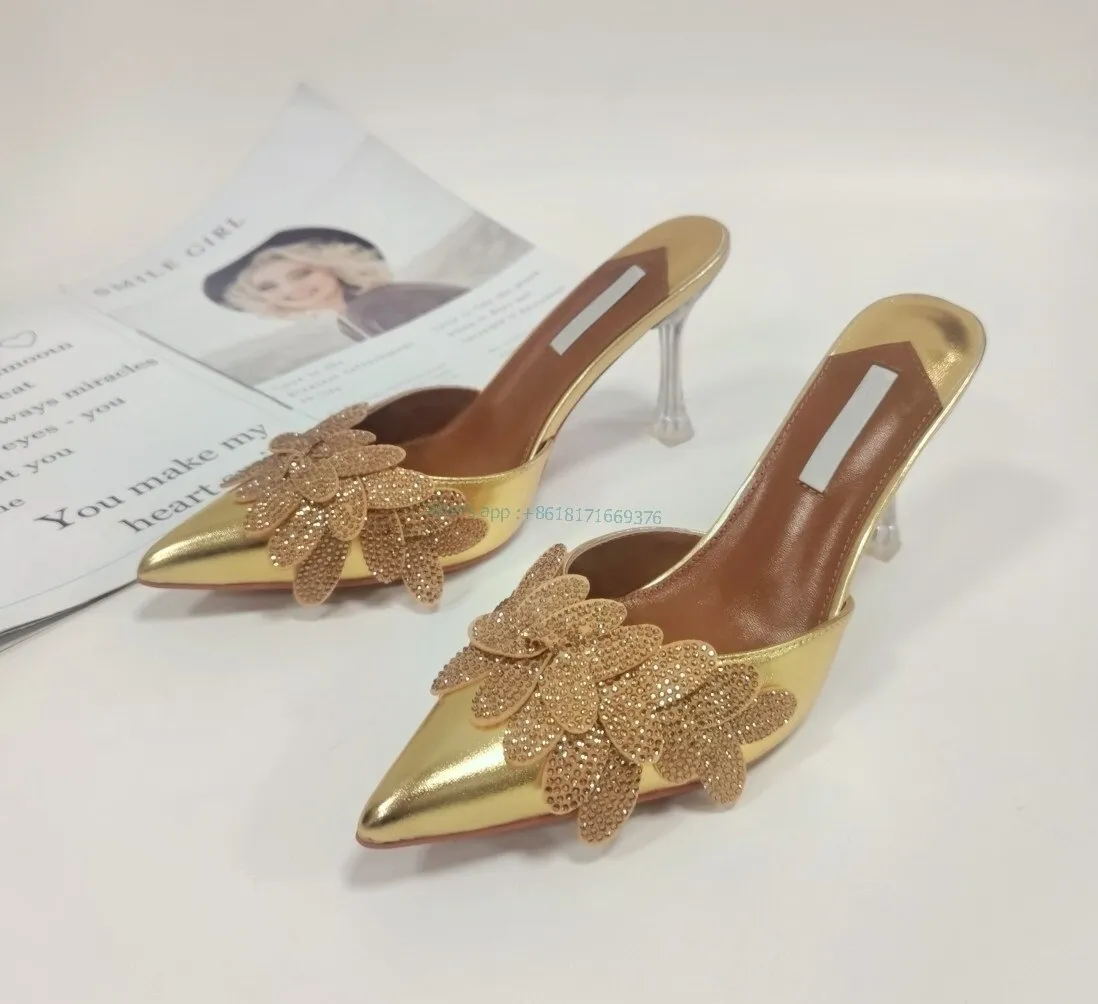 Luxury Gold Floral Pointed Toe Sexy Slippers Women Leather Rhinestone Stiletto High Heel Sandals New Evening Lady Crystal Shoes