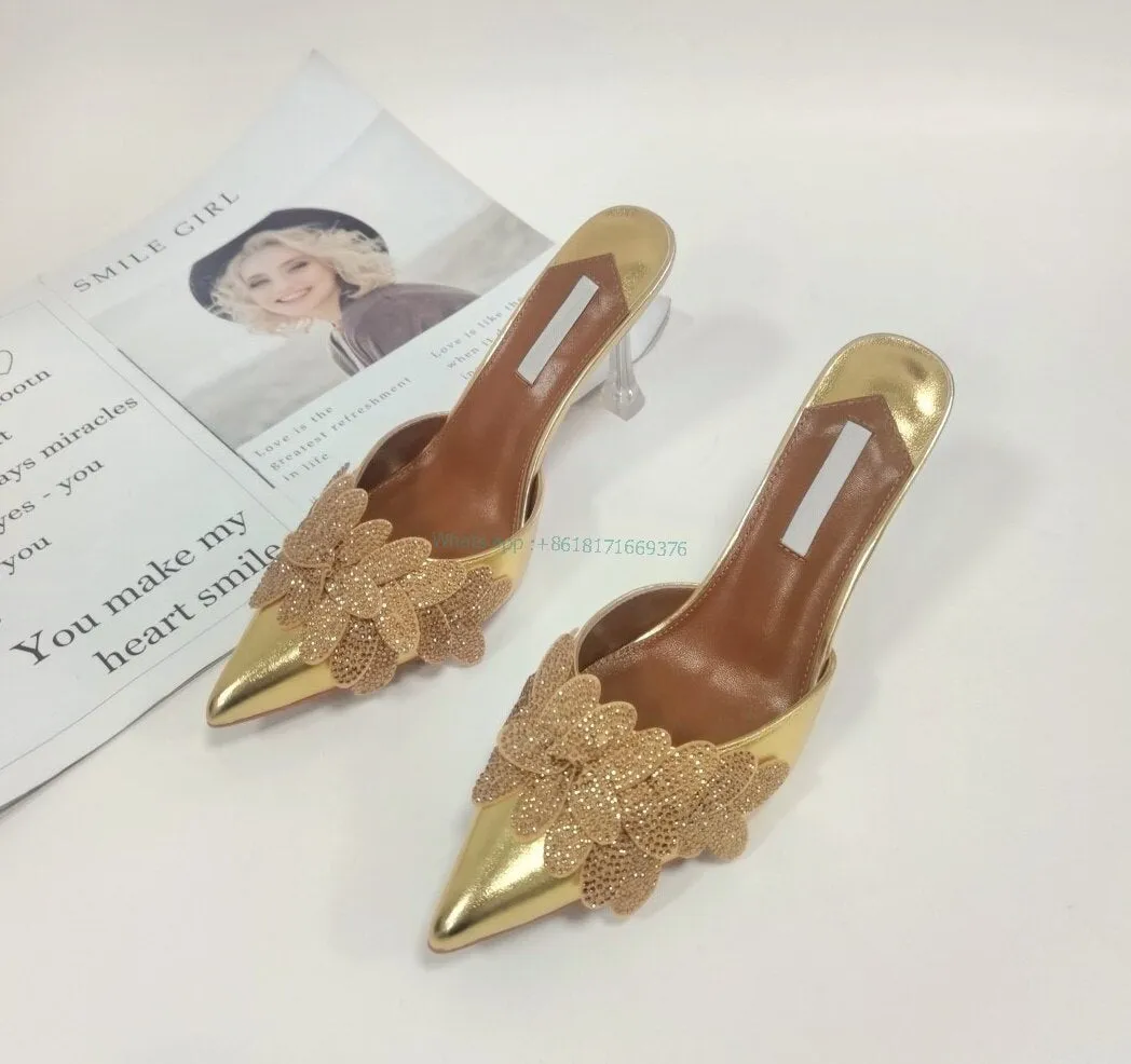Luxury Gold Floral Pointed Toe Sexy Slippers Women Leather Rhinestone Stiletto High Heel Sandals New Evening Lady Crystal Shoes