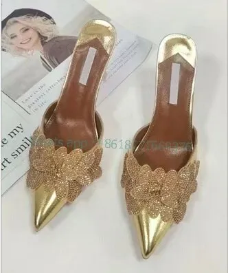 Luxury Gold Floral Pointed Toe Sexy Slippers Women Leather Rhinestone Stiletto High Heel Sandals New Evening Lady Crystal Shoes