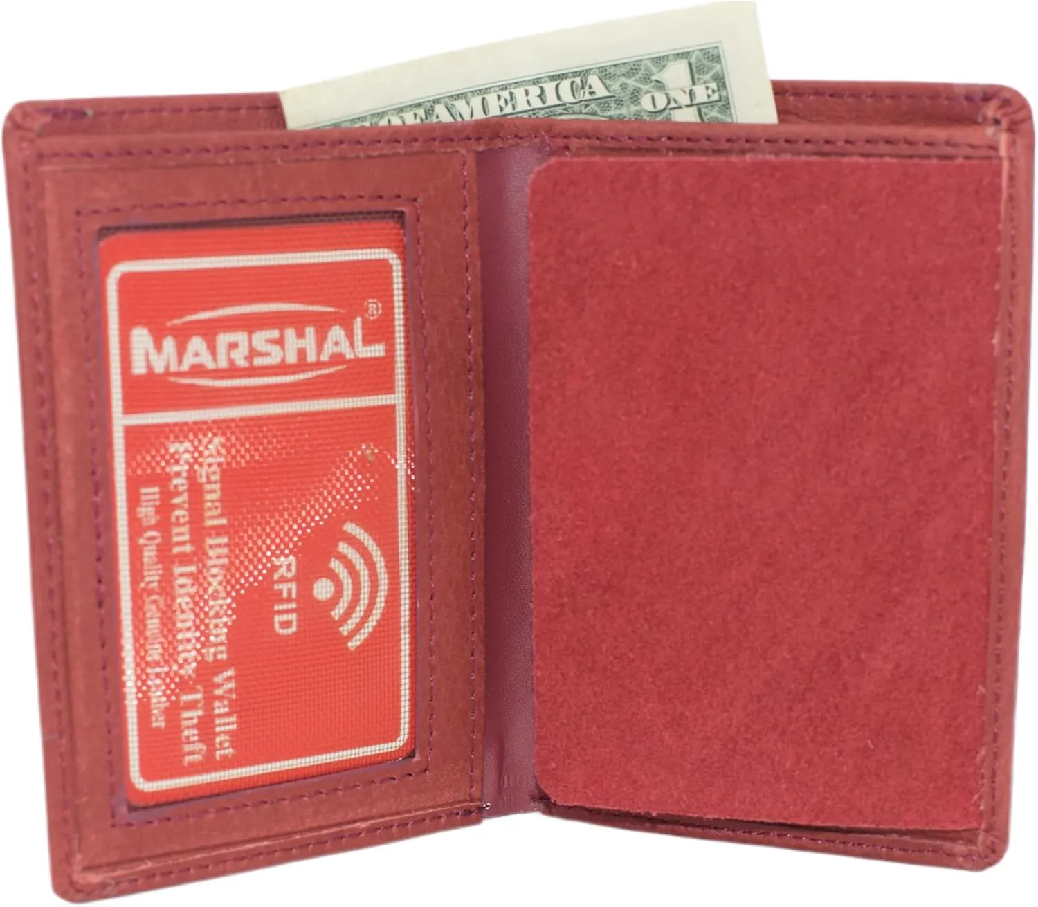 Marshal Genuine Leather RFID Slim Thin Bifold ID Money Wallet Oval Shape Badge Holder (Burgundy)