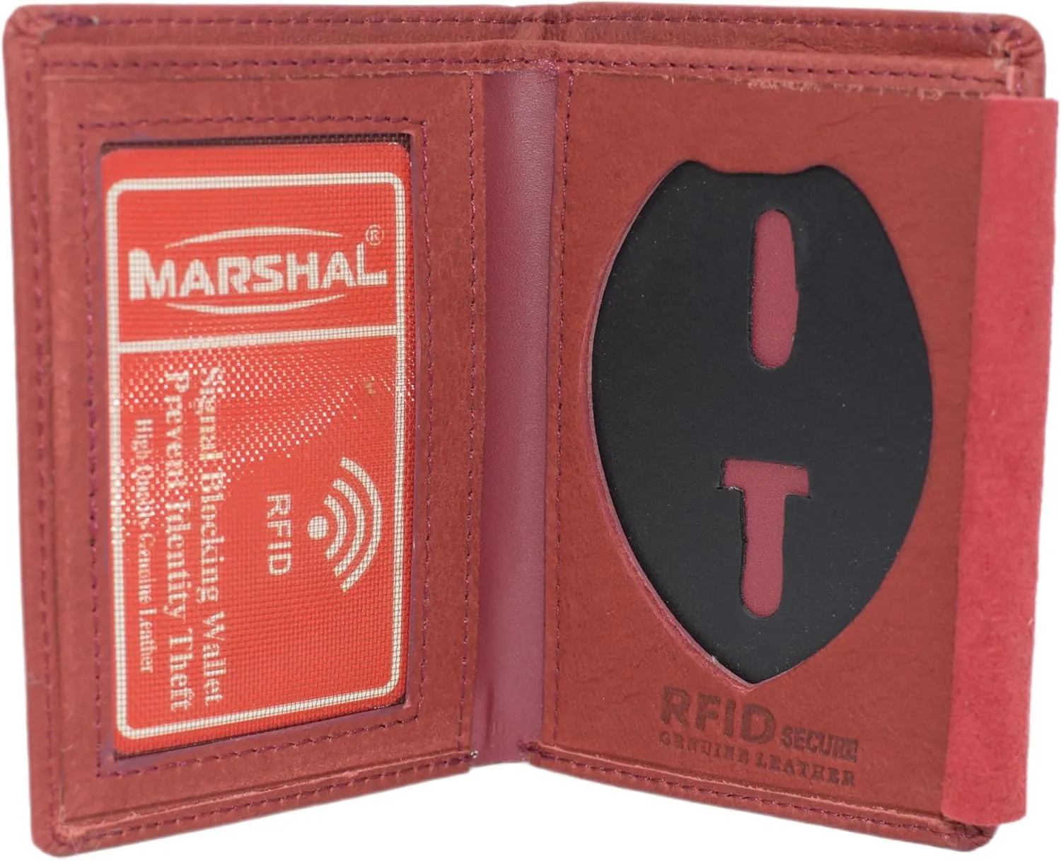 Marshal Genuine Leather RFID Slim Thin Bifold ID Money Wallet Oval Shape Badge Holder (Burgundy)