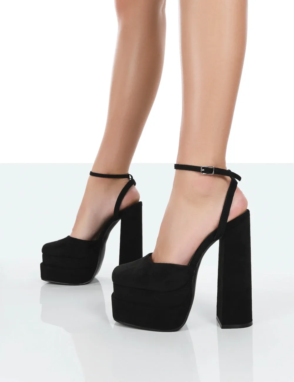 Moonchild Wide Fit Black Faux Suede Closed Toe Statement Platform Block Heels