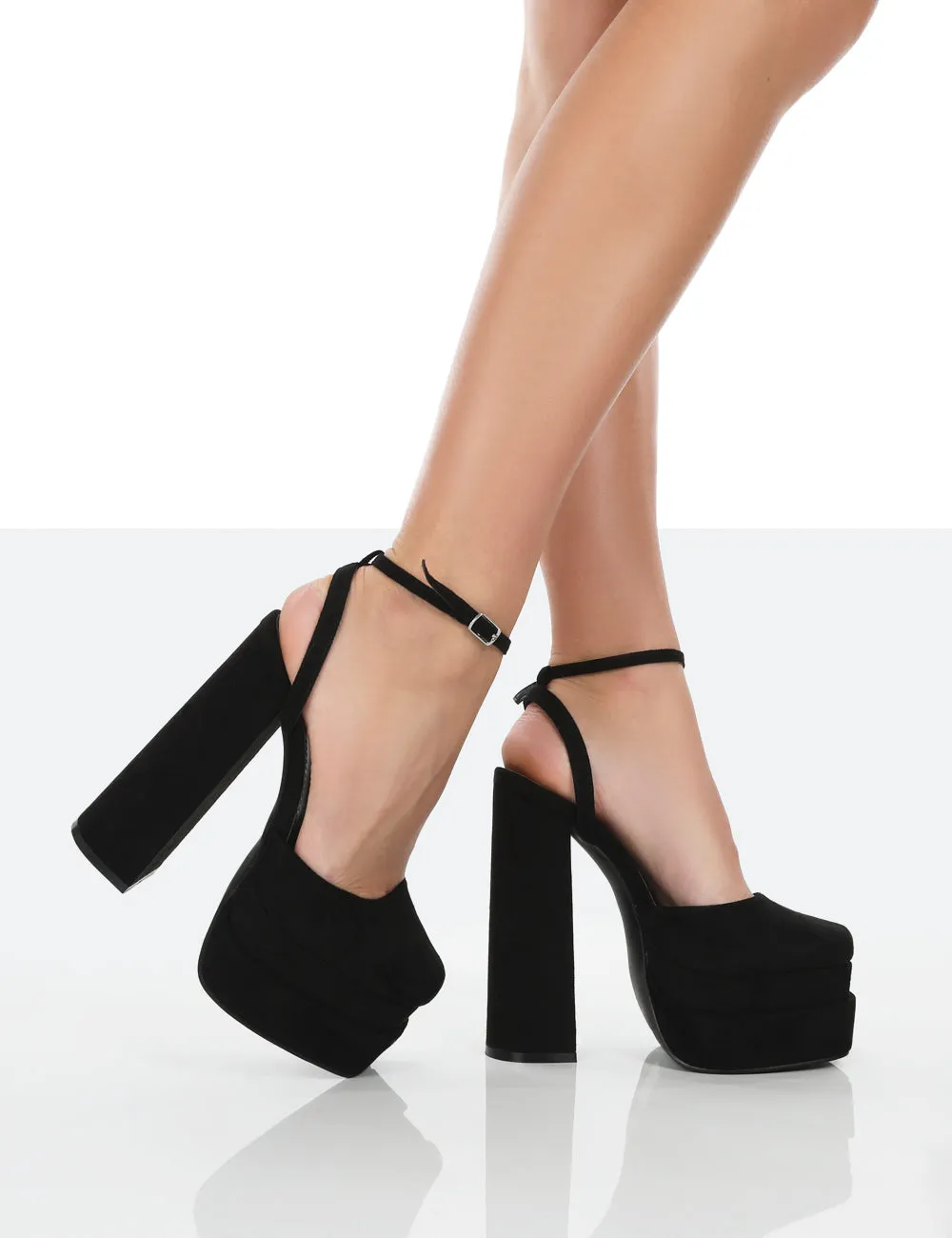 Moonchild Wide Fit Black Faux Suede Closed Toe Statement Platform Block Heels
