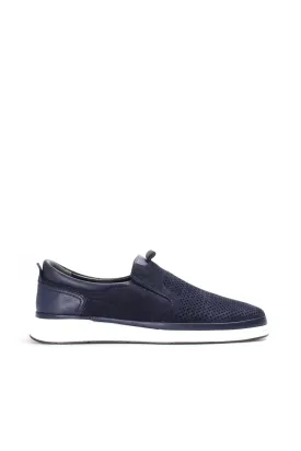 Navy Perforated Slip-On Loafers-Wessi