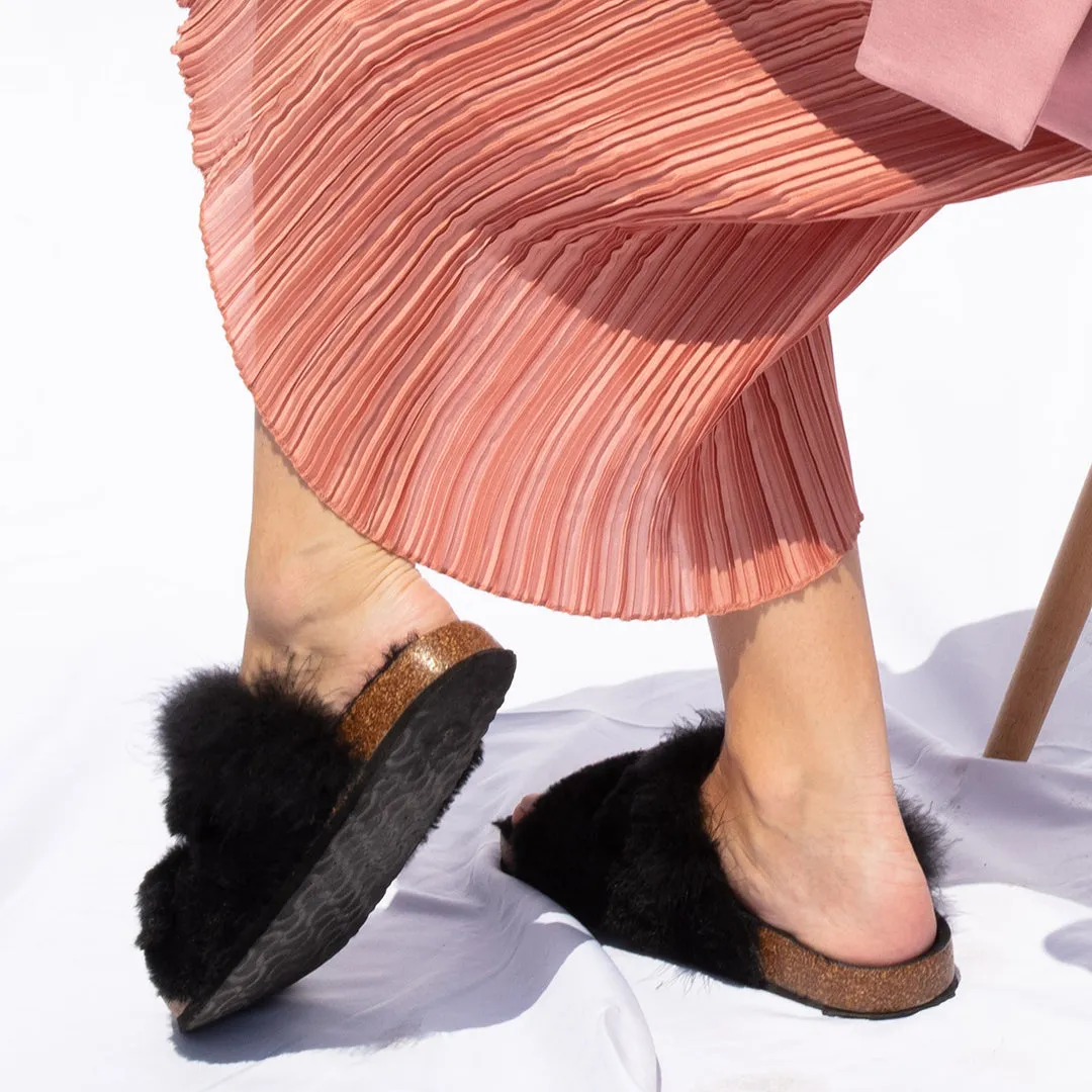 【NY】Shearling Fur Slide with Feather - Black Flat Women's Sandals