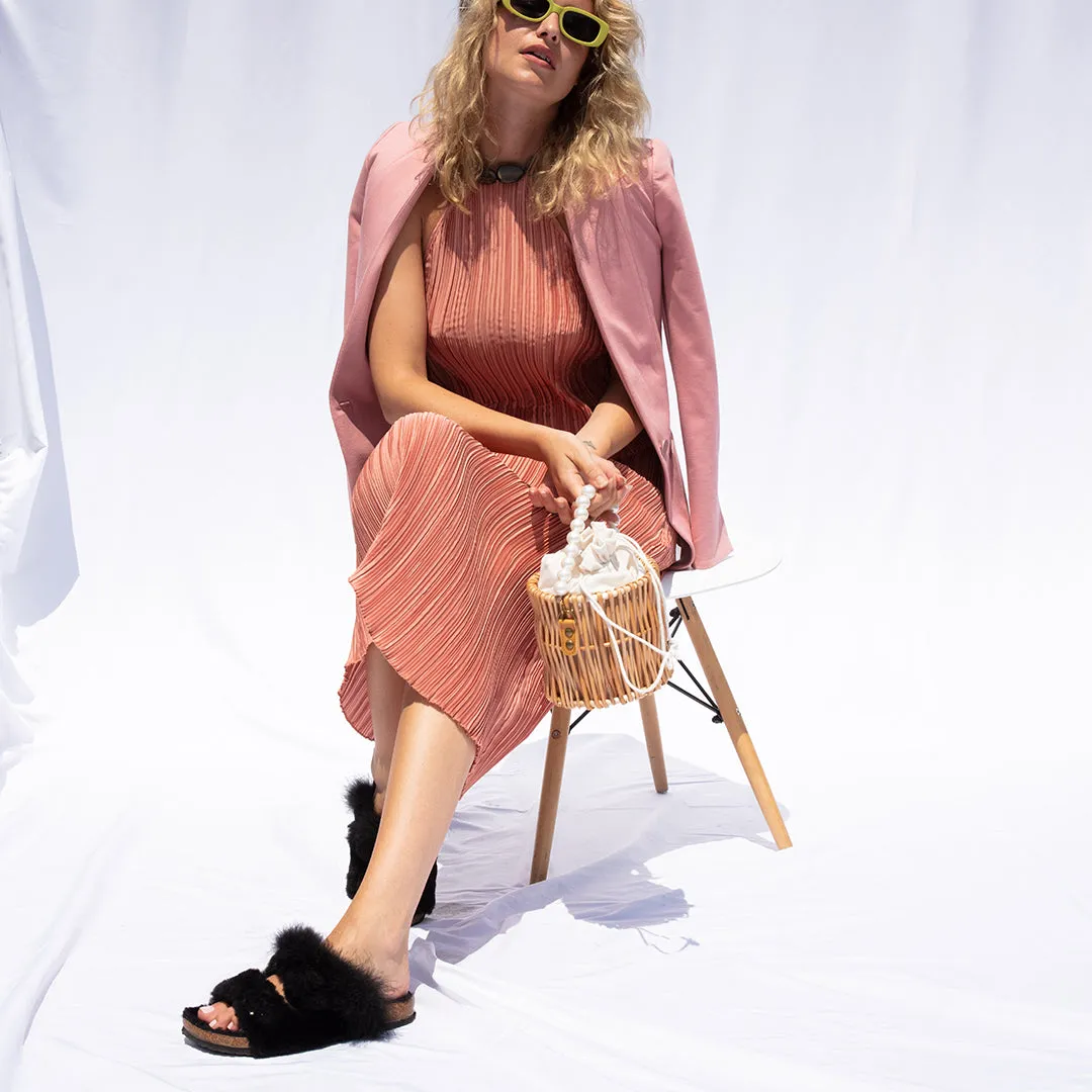 【NY】Shearling Fur Slide with Feather - Black Flat Women's Sandals