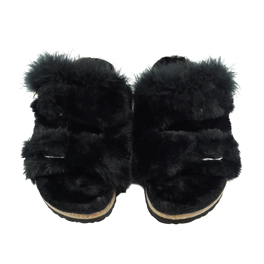 【NY】Shearling Fur Slide with Feather - Black Flat Women's Sandals