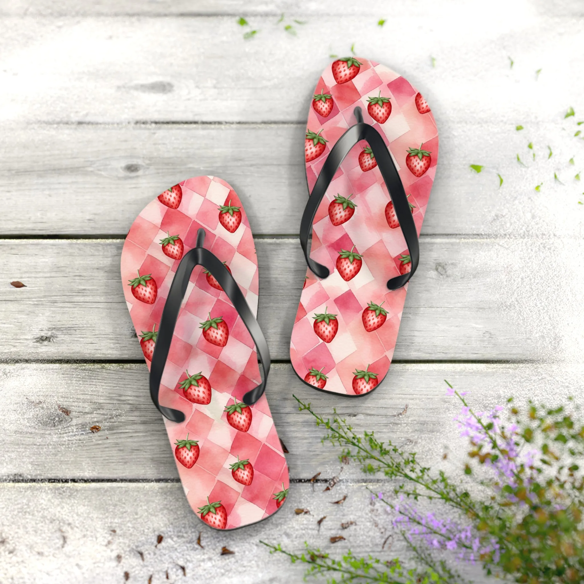 Pink Flip Flops / Watercolor Strawberry Print