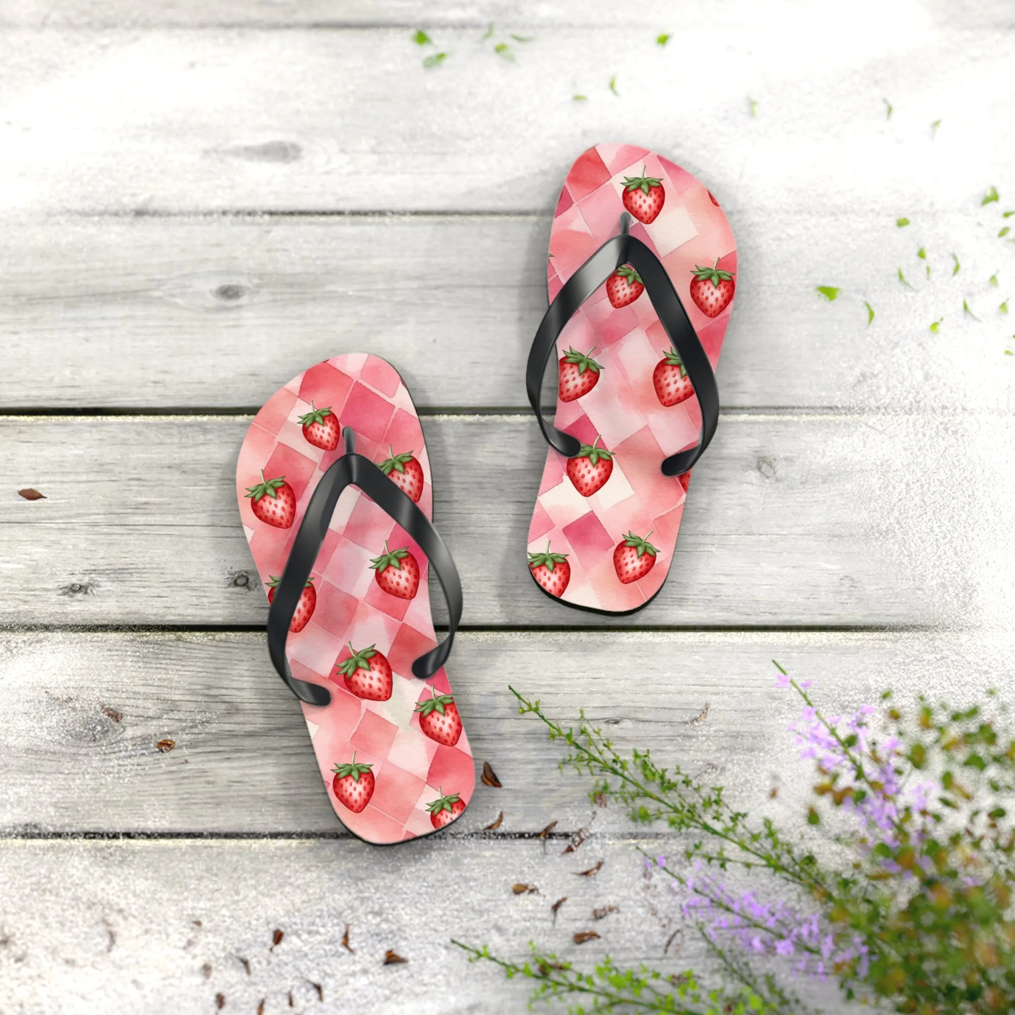 Pink Flip Flops / Watercolor Strawberry Print