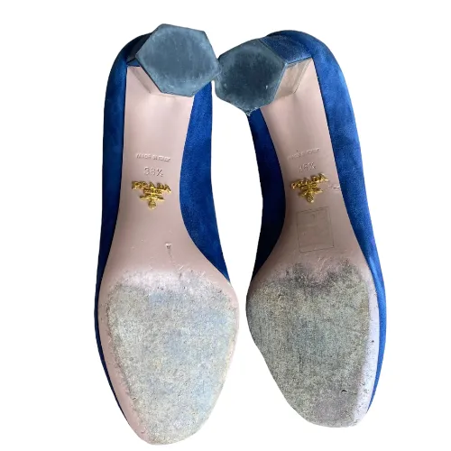 PRADA Navy Blue Suede Hexagon Heel Pumps, Size 38.5