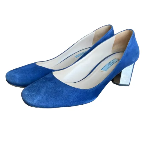 PRADA Navy Blue Suede Hexagon Heel Pumps, Size 38.5