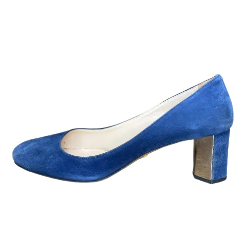 PRADA Navy Blue Suede Hexagon Heel Pumps, Size 38.5