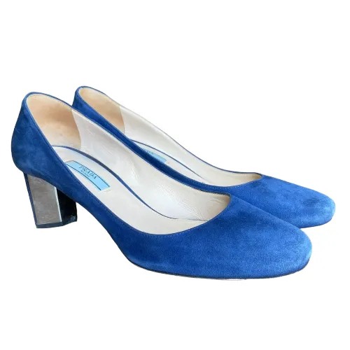 PRADA Navy Blue Suede Hexagon Heel Pumps, Size 38.5