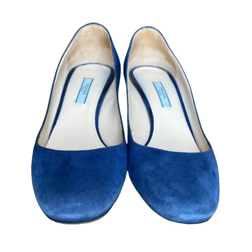 PRADA Navy Blue Suede Hexagon Heel Pumps, Size 38.5