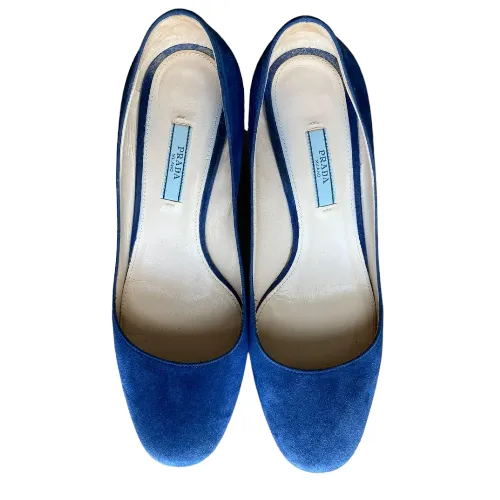 PRADA Navy Blue Suede Hexagon Heel Pumps, Size 38.5