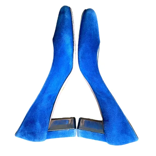 PRADA Navy Blue Suede Hexagon Heel Pumps, Size 38.5