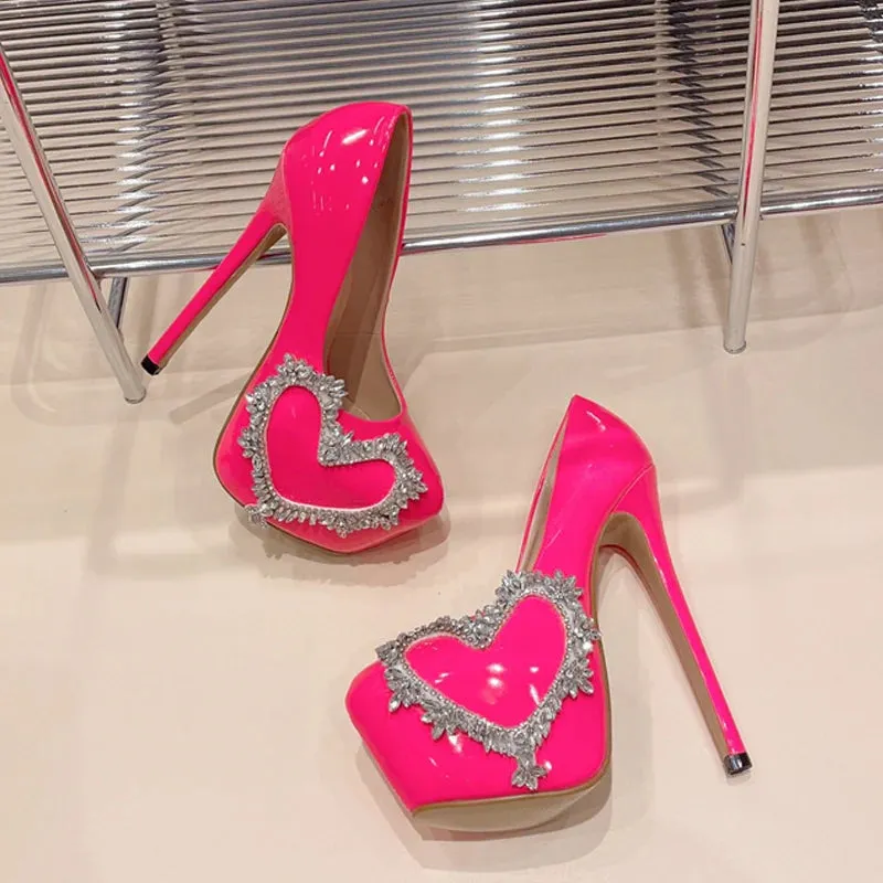 Runway Style Pink High Heel Round Toe Crystal Platform High Heel