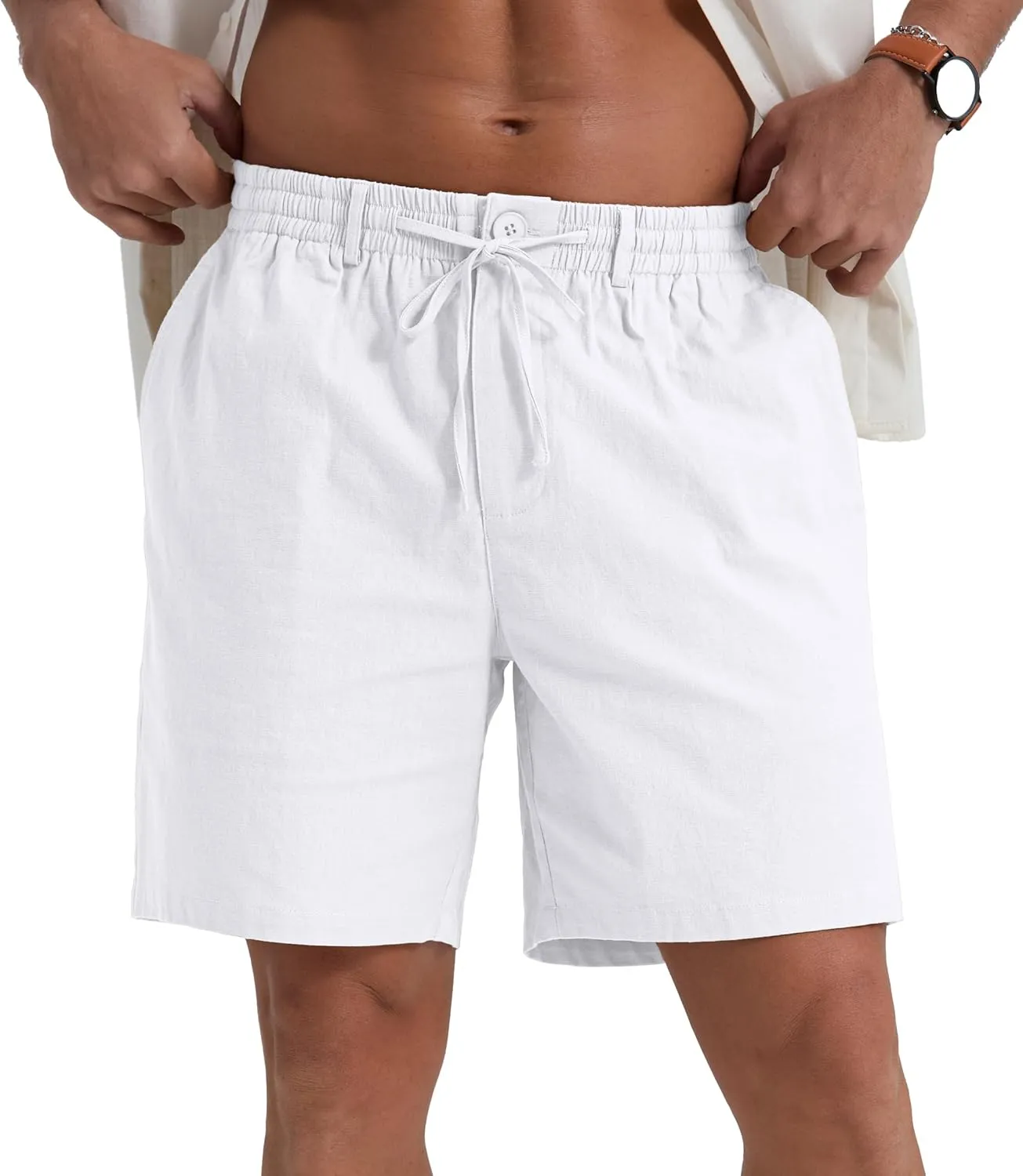 Sailwind Men's Linen Shorts 7" Casual Elastic Waist Drawstring Summer Beach Shorts