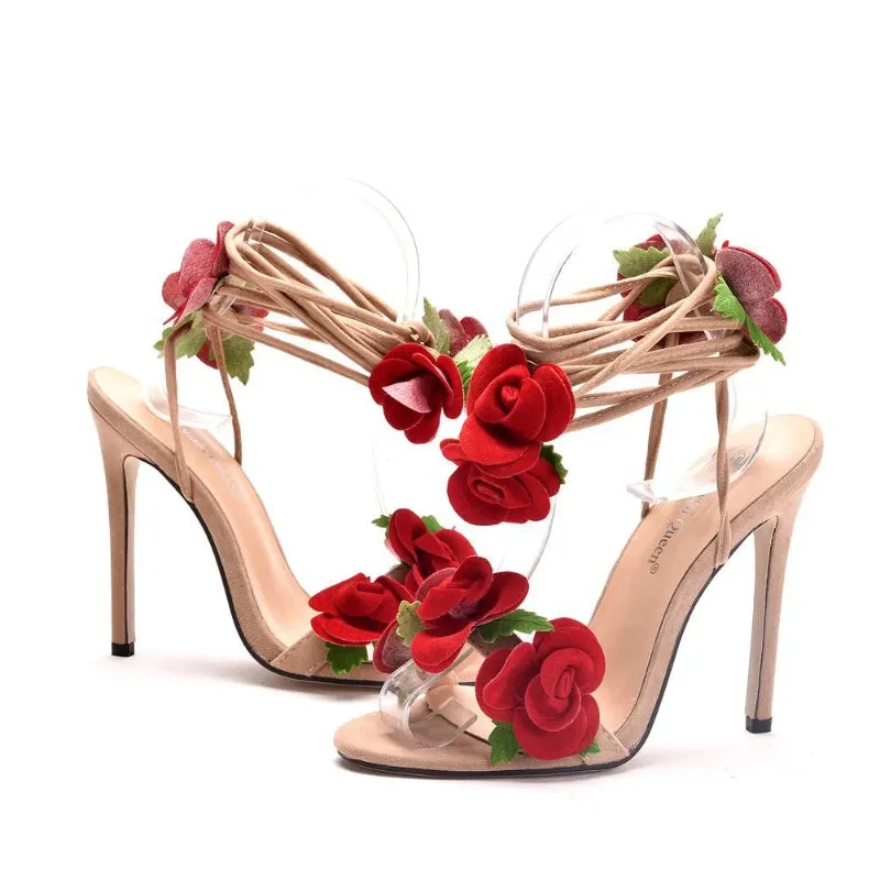 Satin Rose Design High Heel Strappy Wedding Shoes