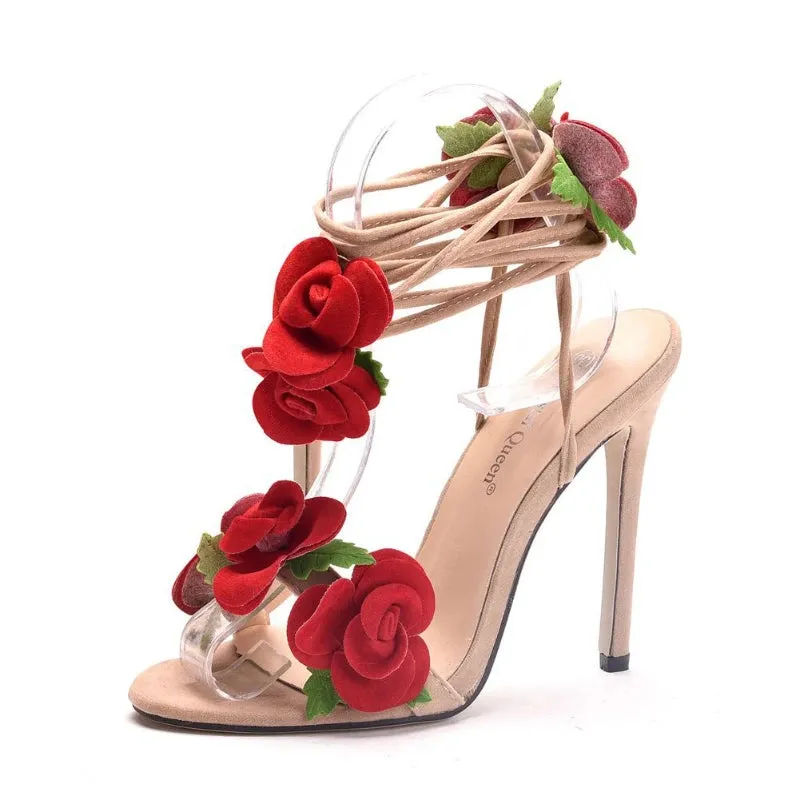 Satin Rose Design High Heel Strappy Wedding Shoes