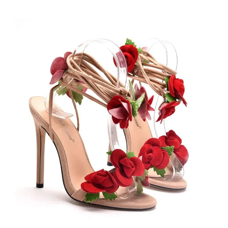Satin Rose Design High Heel Strappy Wedding Shoes