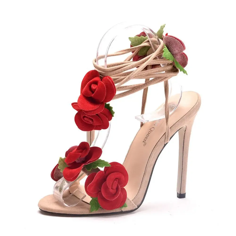 Satin Rose Design High Heel Strappy Wedding Shoes