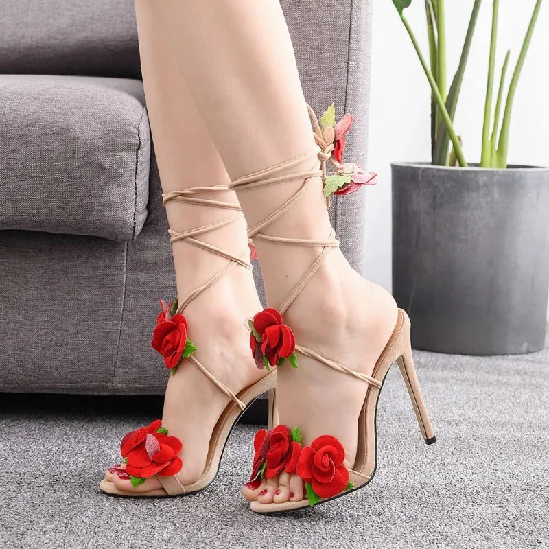 Satin Rose Design High Heel Strappy Wedding Shoes