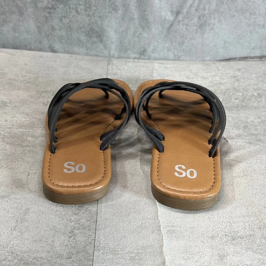 SO Women's Black Faux-Leather Pineberry Woven Strappy Round-Toe Slide Sandal SZ6