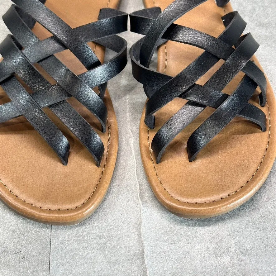 SO Women's Black Faux-Leather Pineberry Woven Strappy Round-Toe Slide Sandal SZ6
