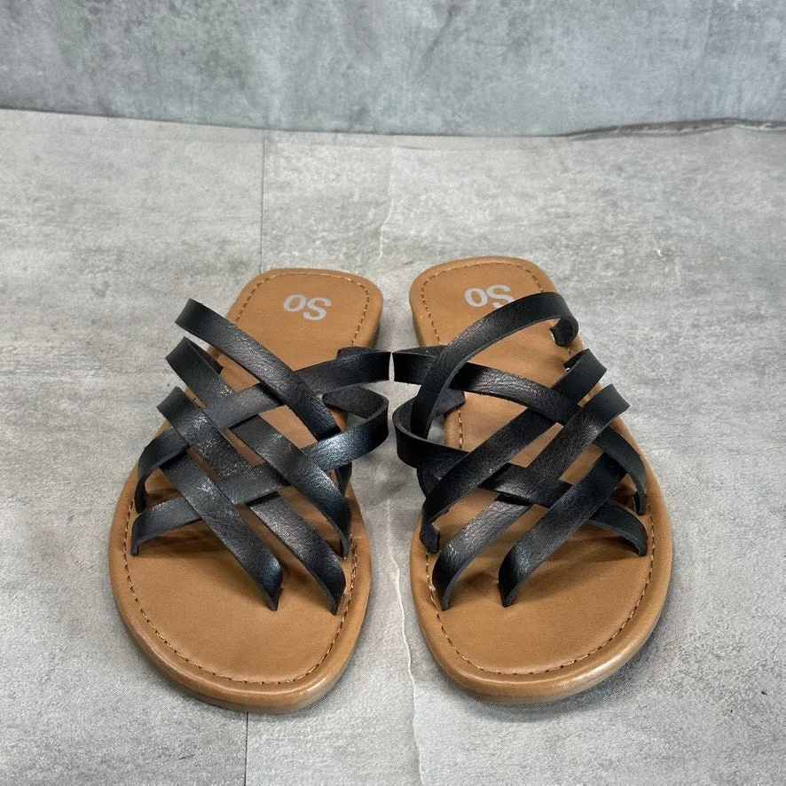 SO Women's Black Faux-Leather Pineberry Woven Strappy Round-Toe Slide Sandal SZ6