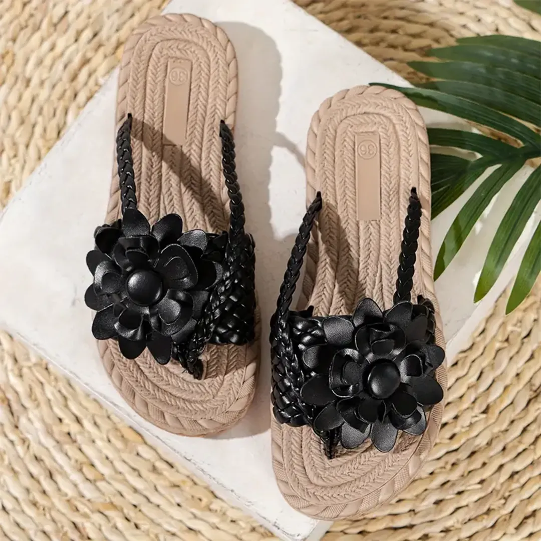 Uniqcloud Studded Flower Braided Band Flat Flip Flops