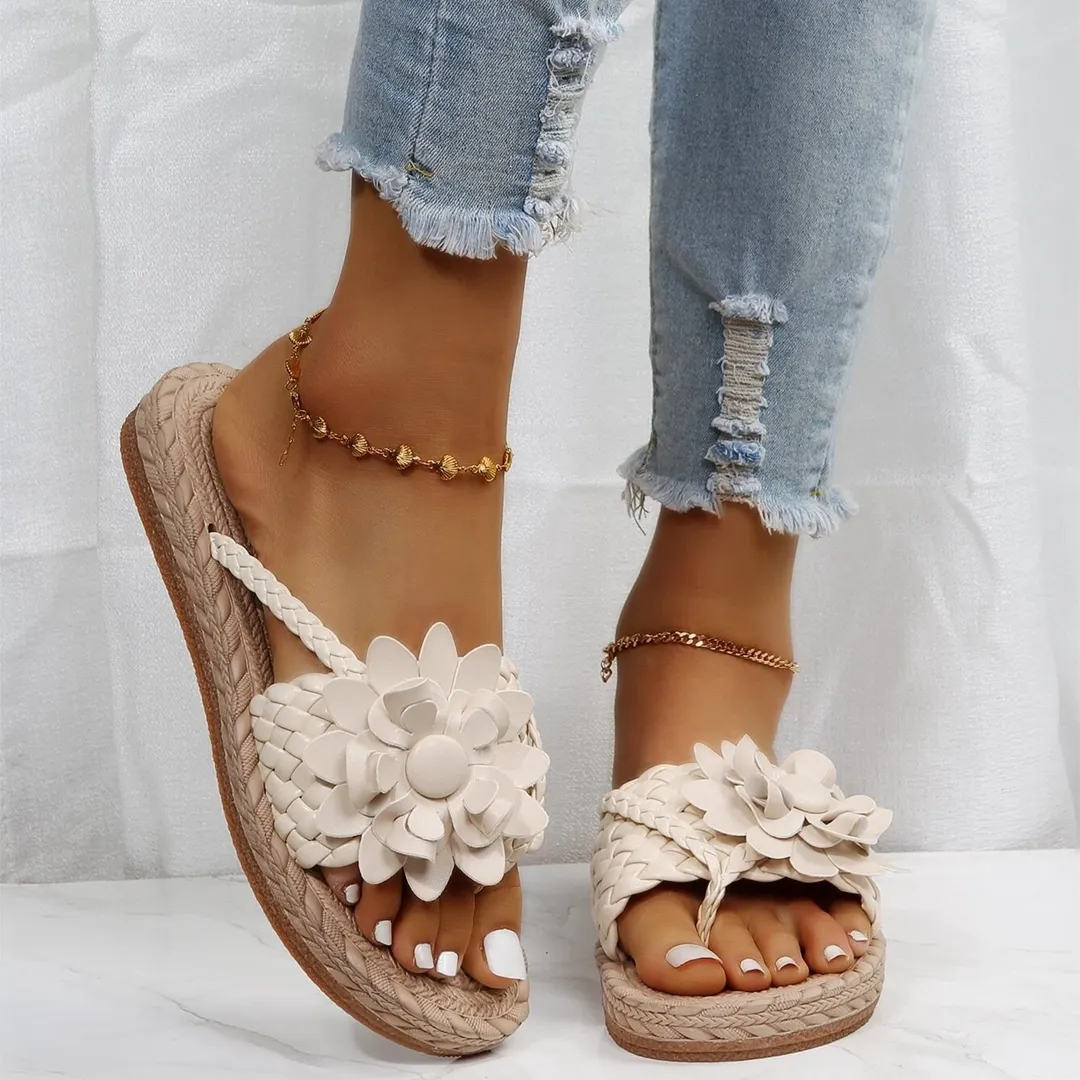 Uniqcloud Studded Flower Braided Band Flat Flip Flops