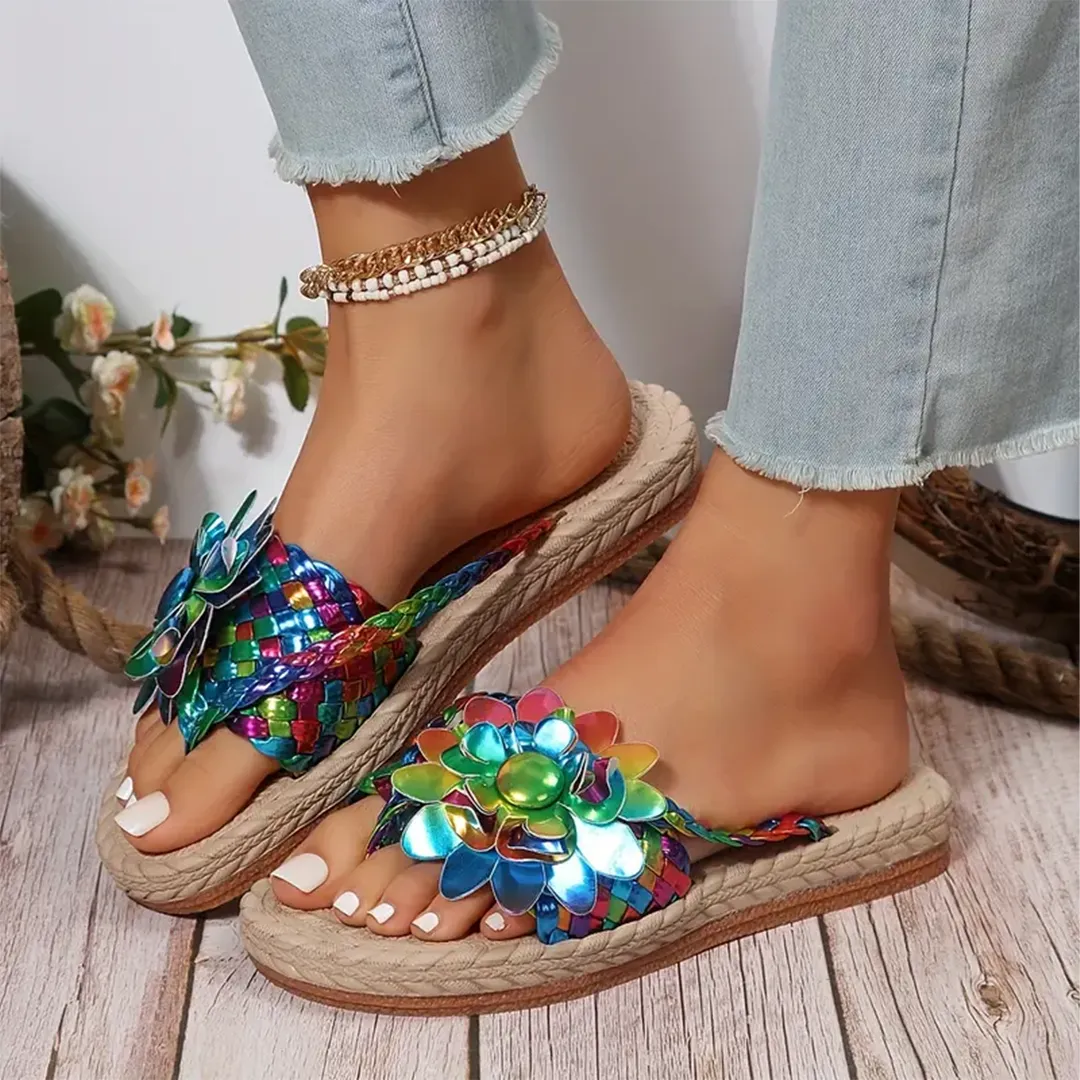 Uniqcloud Studded Flower Braided Band Flat Flip Flops